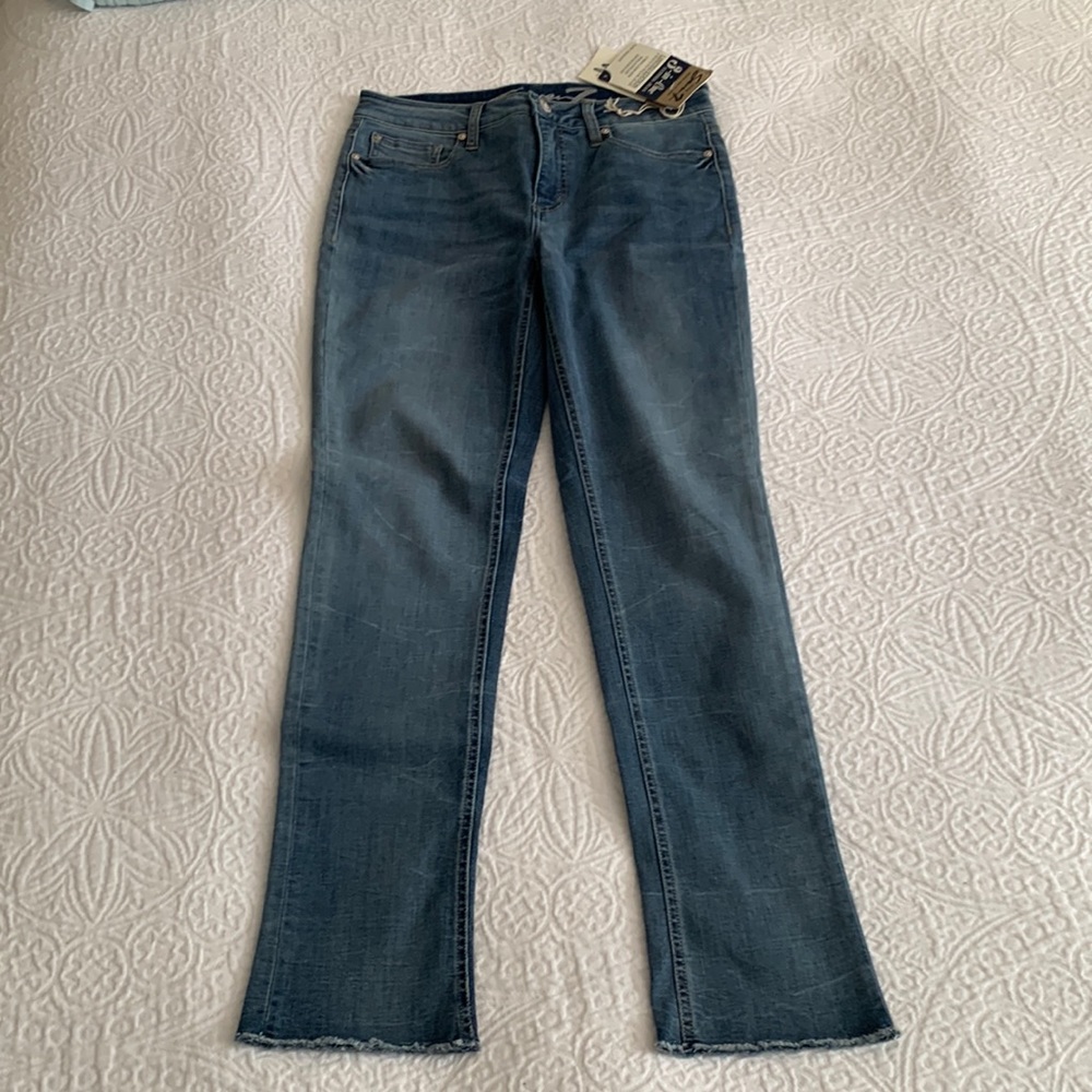 Hi rise slim straight seven jeans